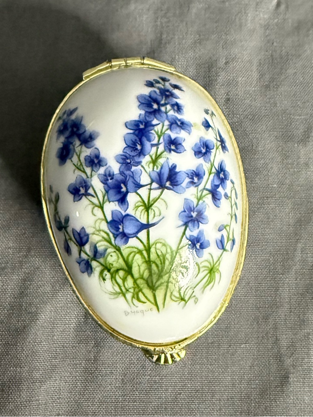 Floral ‘July’ Porcelain Egg Music Box with Purple Larkspurs